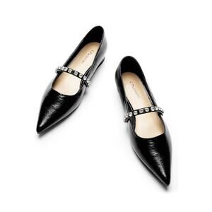 C.Paravano Women’s Crystal Strap Flats –Black Pointed Toe Mary Jane Dress US 6.5